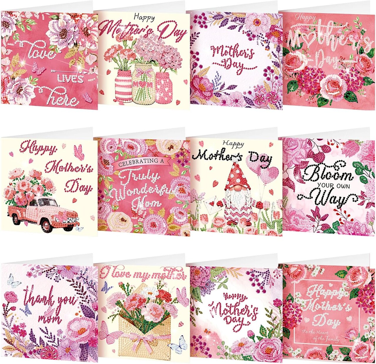 12-Pack Mother’s Day Diamond Painting Greeting Card Kits – 5D Rhinestone Cards with Envelopes, DIY Craft Kit for Adults, Family & Friends Gifts